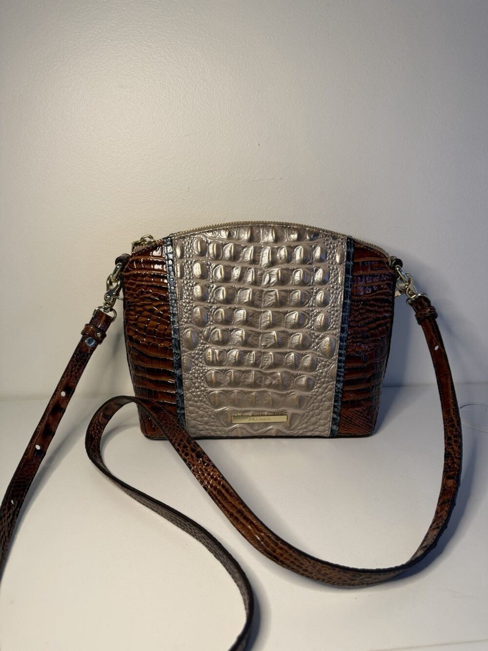 Brahmin Mini Duxbury Pecan Grey Melbourne Crossbody Shoulder Bag Croc Leather EC